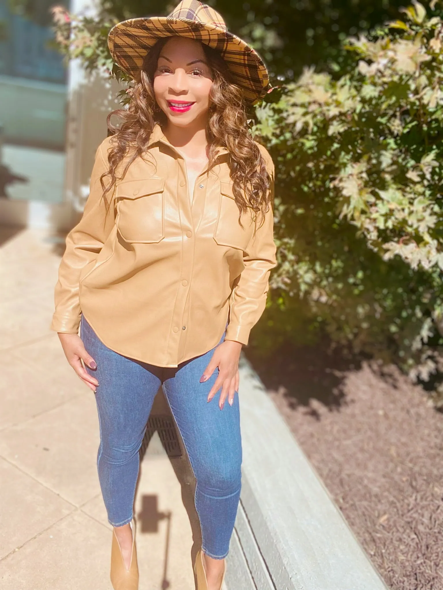 Mocha Leather Button Shirt Jacket