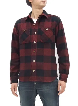 Momotaro Jeans Flannel Shirt Men's Herringbone Twill Buffalo Plaid Long Sleeve Work Shirt MLS1020M23 Red/Black