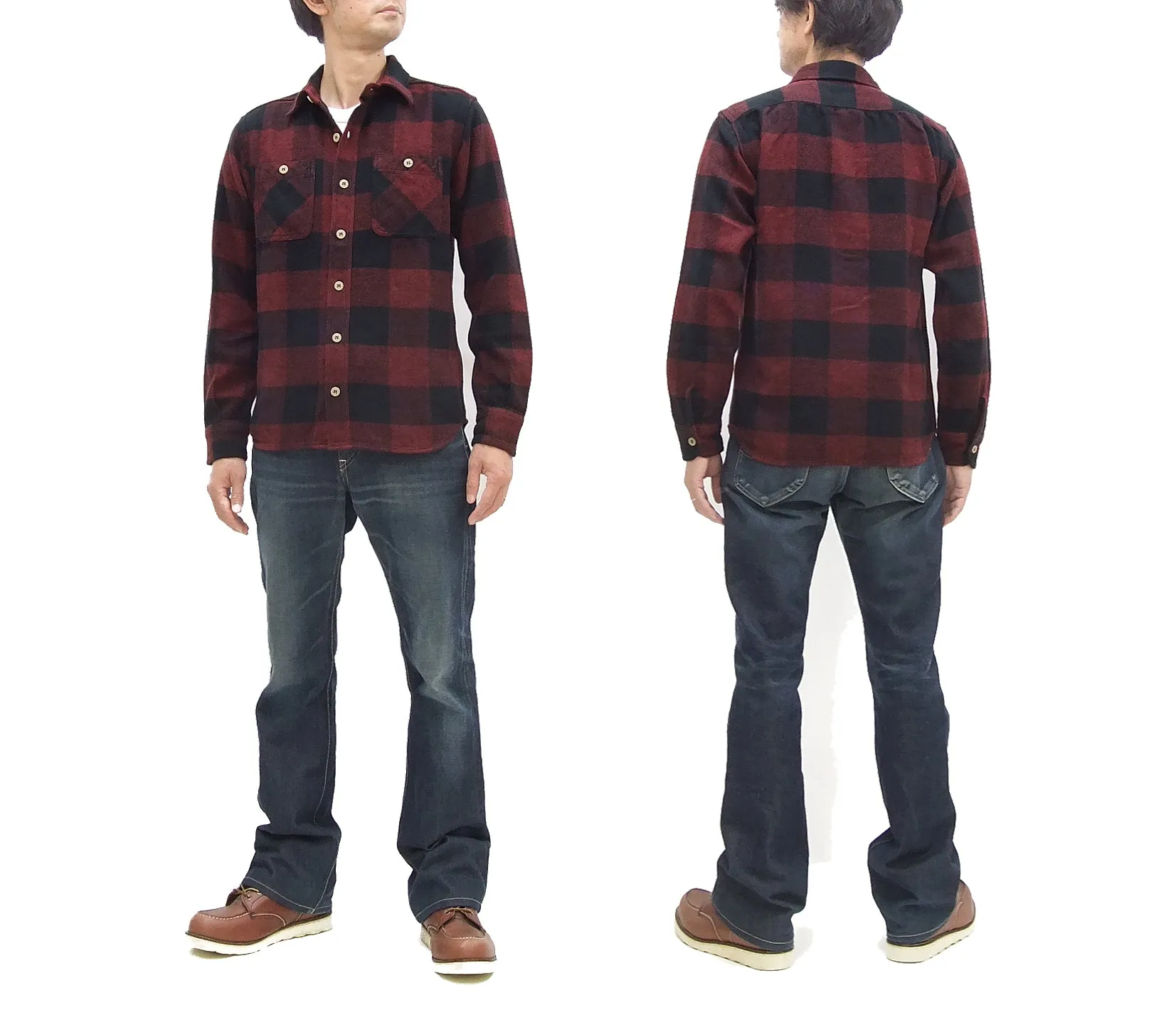 Momotaro Jeans Flannel Shirt Men's Herringbone Twill Buffalo Plaid Long Sleeve Work Shirt MLS1020M23 Red/Black