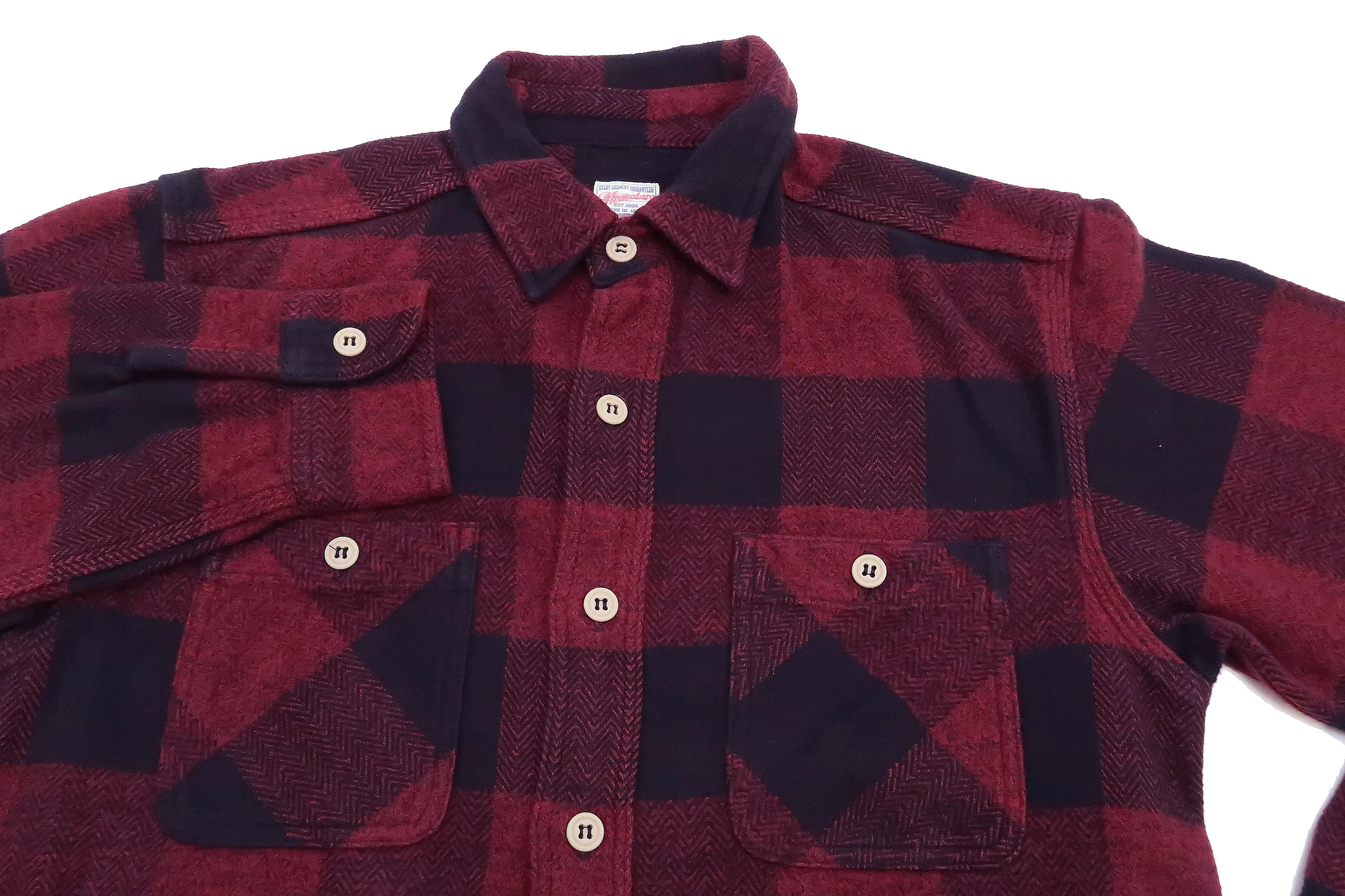 Momotaro Jeans Flannel Shirt Men's Herringbone Twill Buffalo Plaid Long Sleeve Work Shirt MLS1020M23 Red/Black