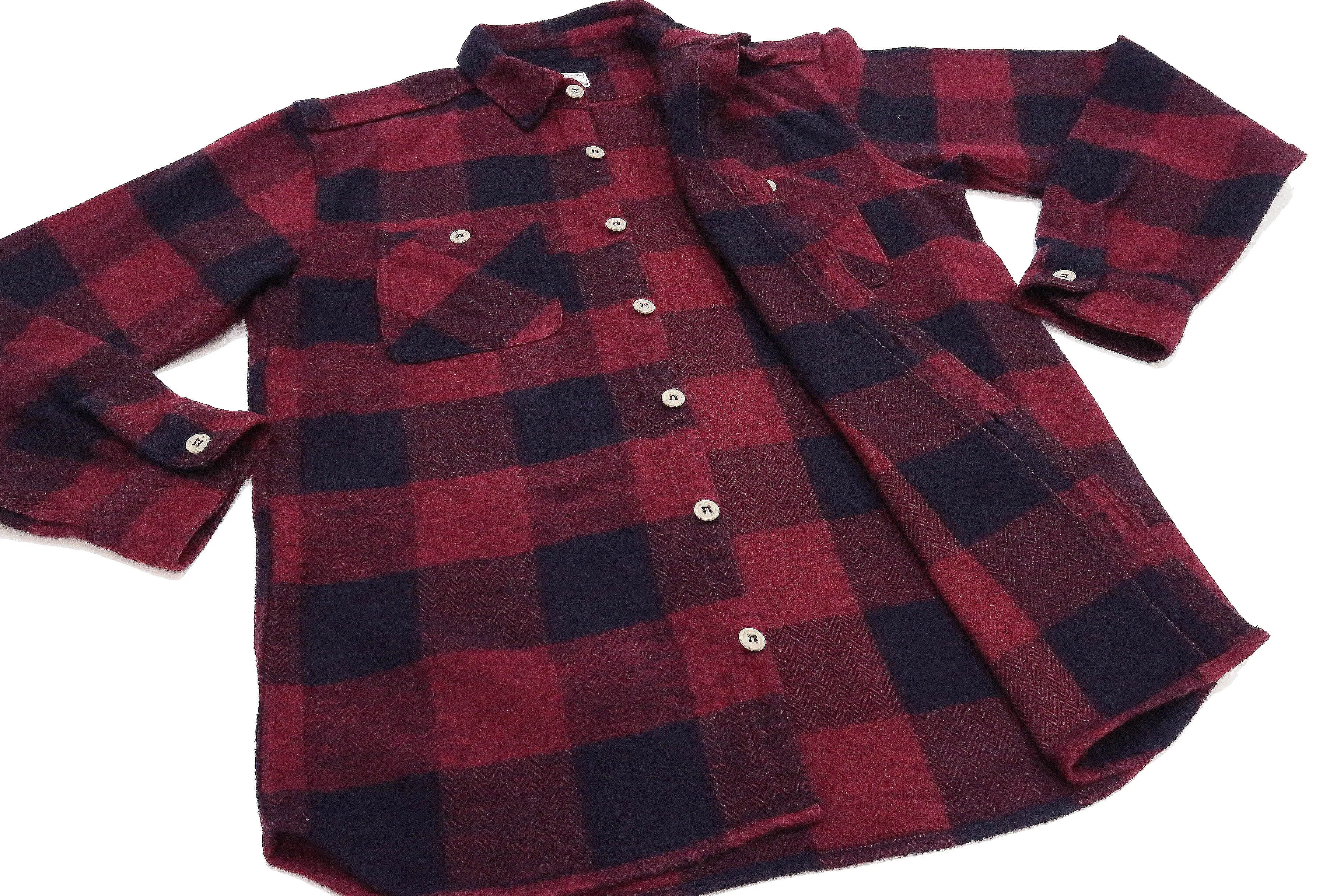 Momotaro Jeans Flannel Shirt Men's Herringbone Twill Buffalo Plaid Long Sleeve Work Shirt MLS1020M23 Red/Black