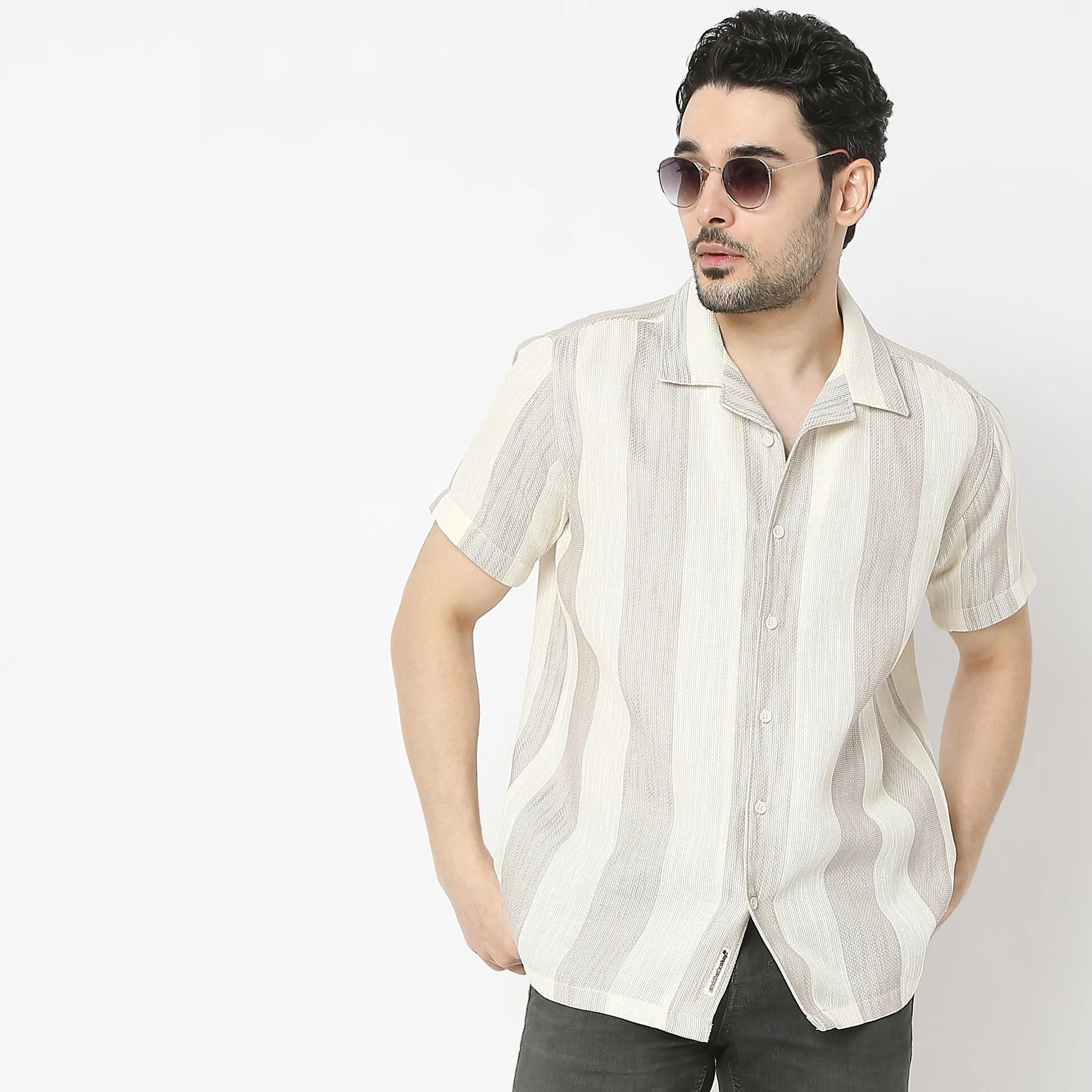 Mood Shirtᵉˣ Camp Collar Half Sleeve Striped Relaxed Fit