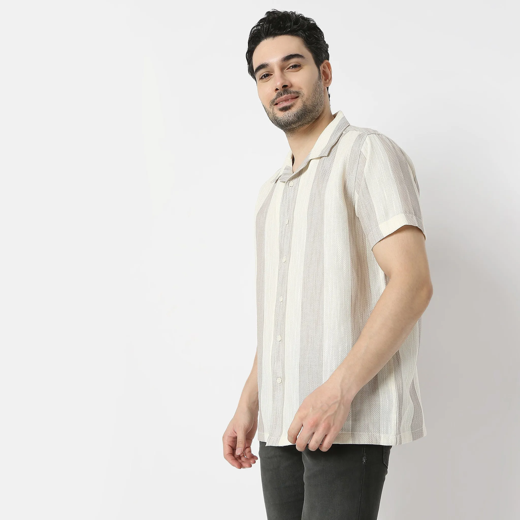 Mood Shirtᵉˣ Camp Collar Half Sleeve Striped Relaxed Fit
