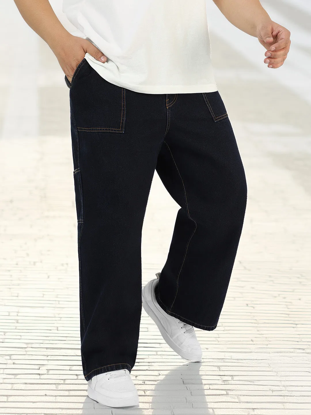 Plus Men's Dark Blue Loose Fit Cargo Carpenter Jeans With 6 Pockets Non-Stretchable