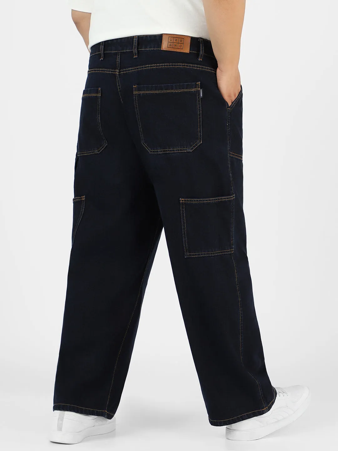 Plus Men's Dark Blue Loose Fit Cargo Carpenter Jeans With 6 Pockets Non-Stretchable