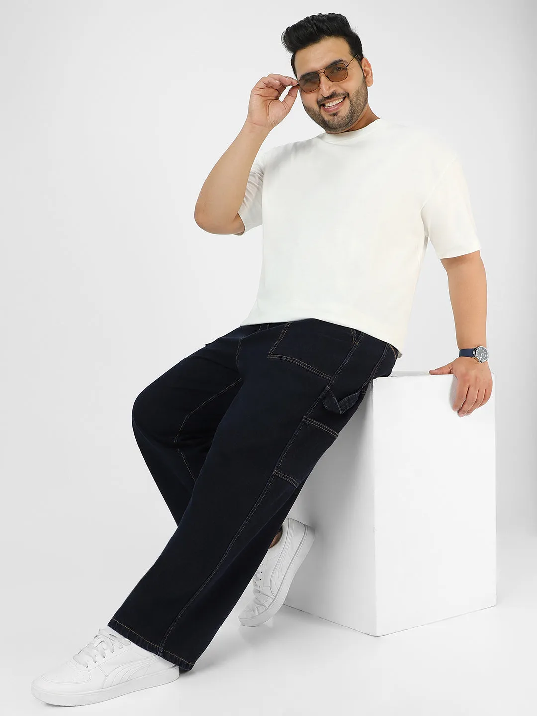 Plus Men's Dark Blue Loose Fit Cargo Carpenter Jeans With 6 Pockets Non-Stretchable