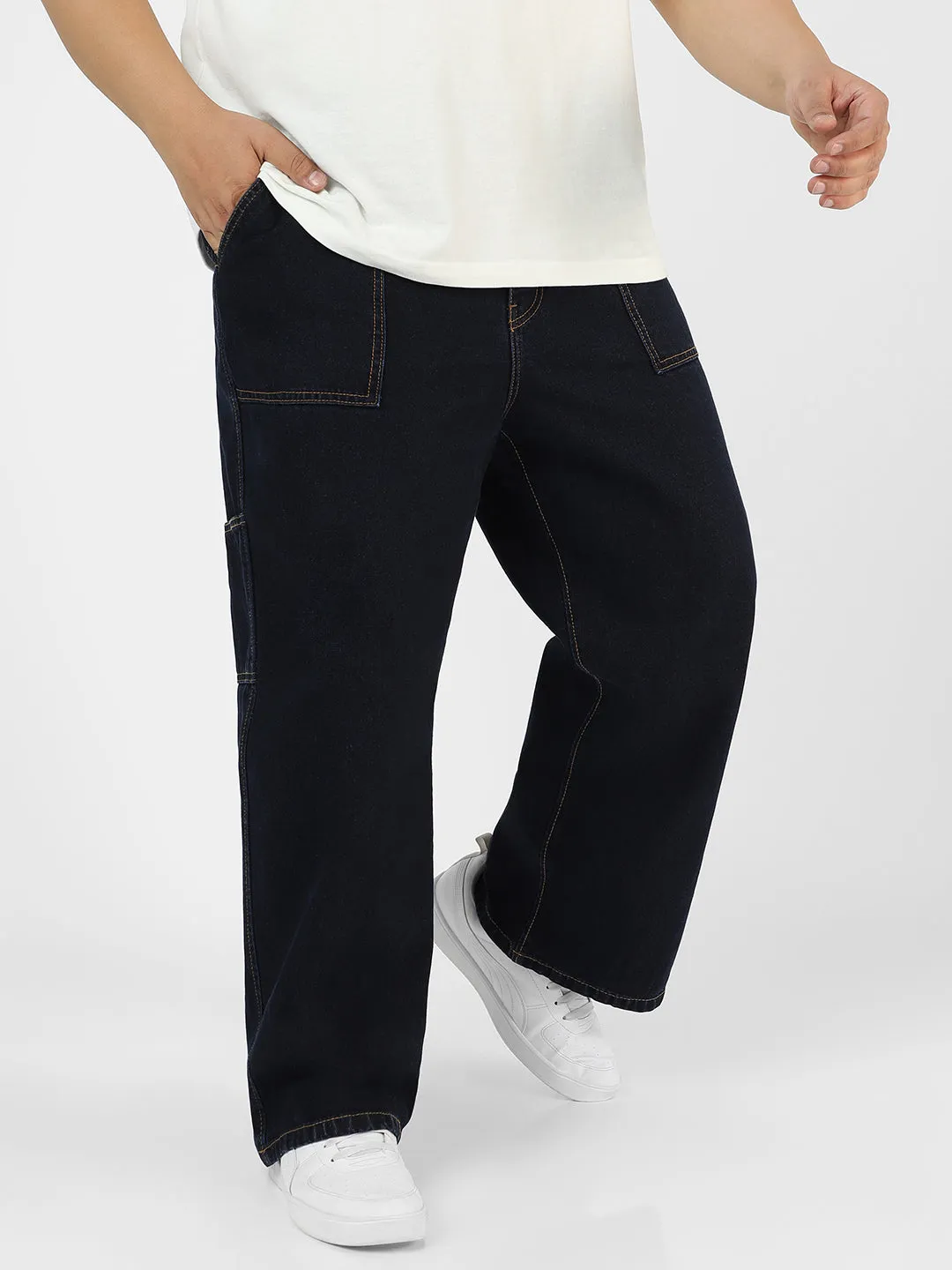 Plus Men's Dark Blue Loose Fit Cargo Carpenter Jeans With 6 Pockets Non-Stretchable