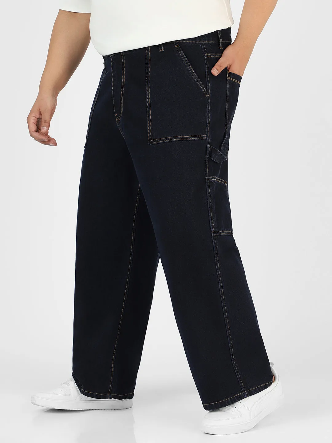 Plus Men's Dark Blue Loose Fit Cargo Carpenter Jeans With 6 Pockets Non-Stretchable