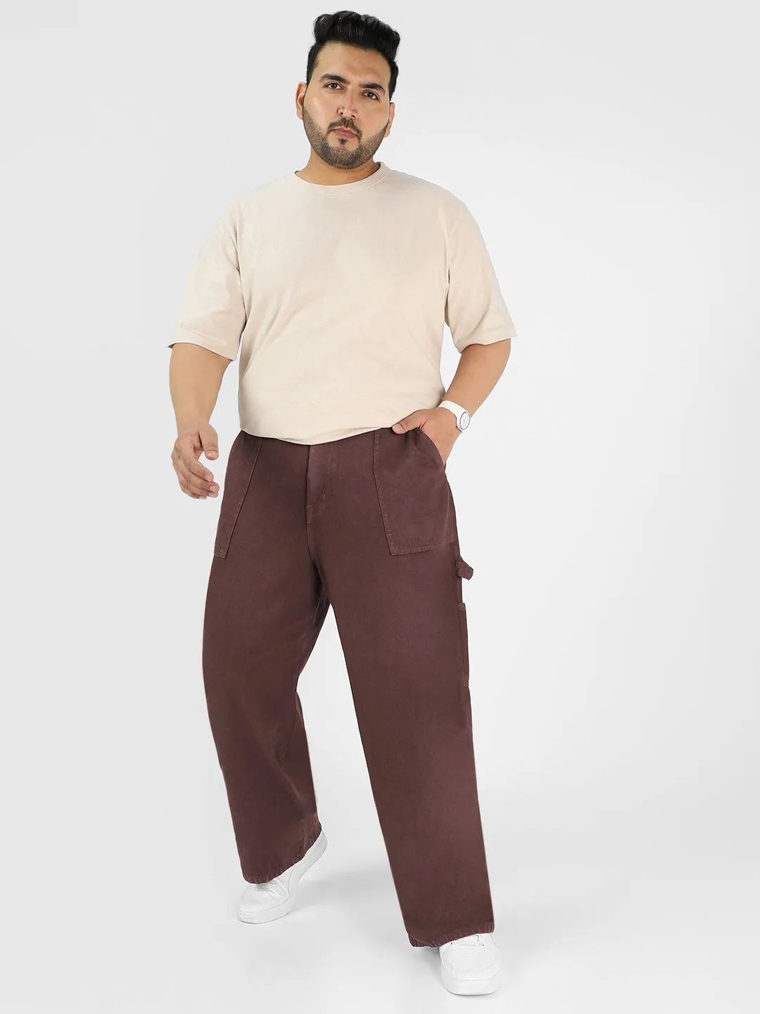Plus Men's Dark Brown Loose Fit Cargo Carpenter Jeans With 6 Pockets Non-Stretchable