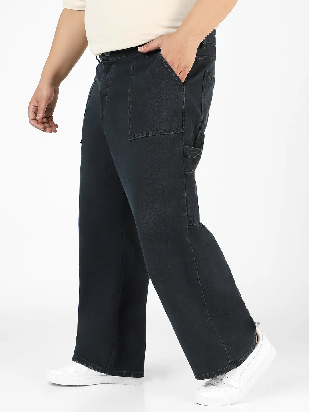Plus Men's Dark Grey Loose Fit Cargo Carpenter Jeans With 6 Pockets Non-Stretchable