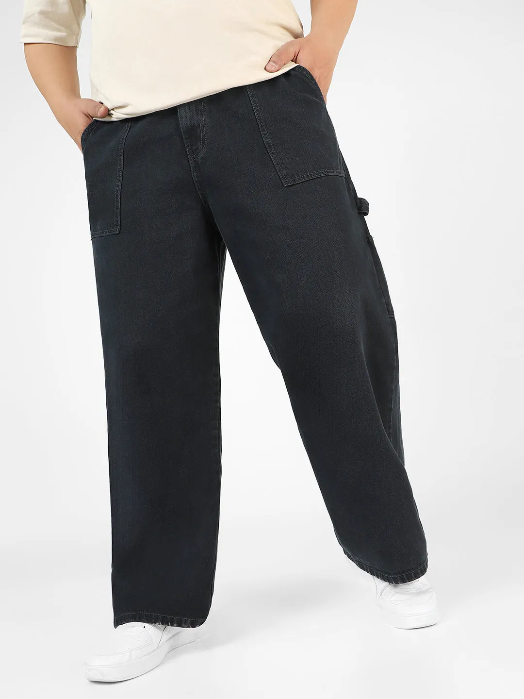 Plus Men's Dark Grey Loose Fit Cargo Carpenter Jeans With 6 Pockets Non-Stretchable