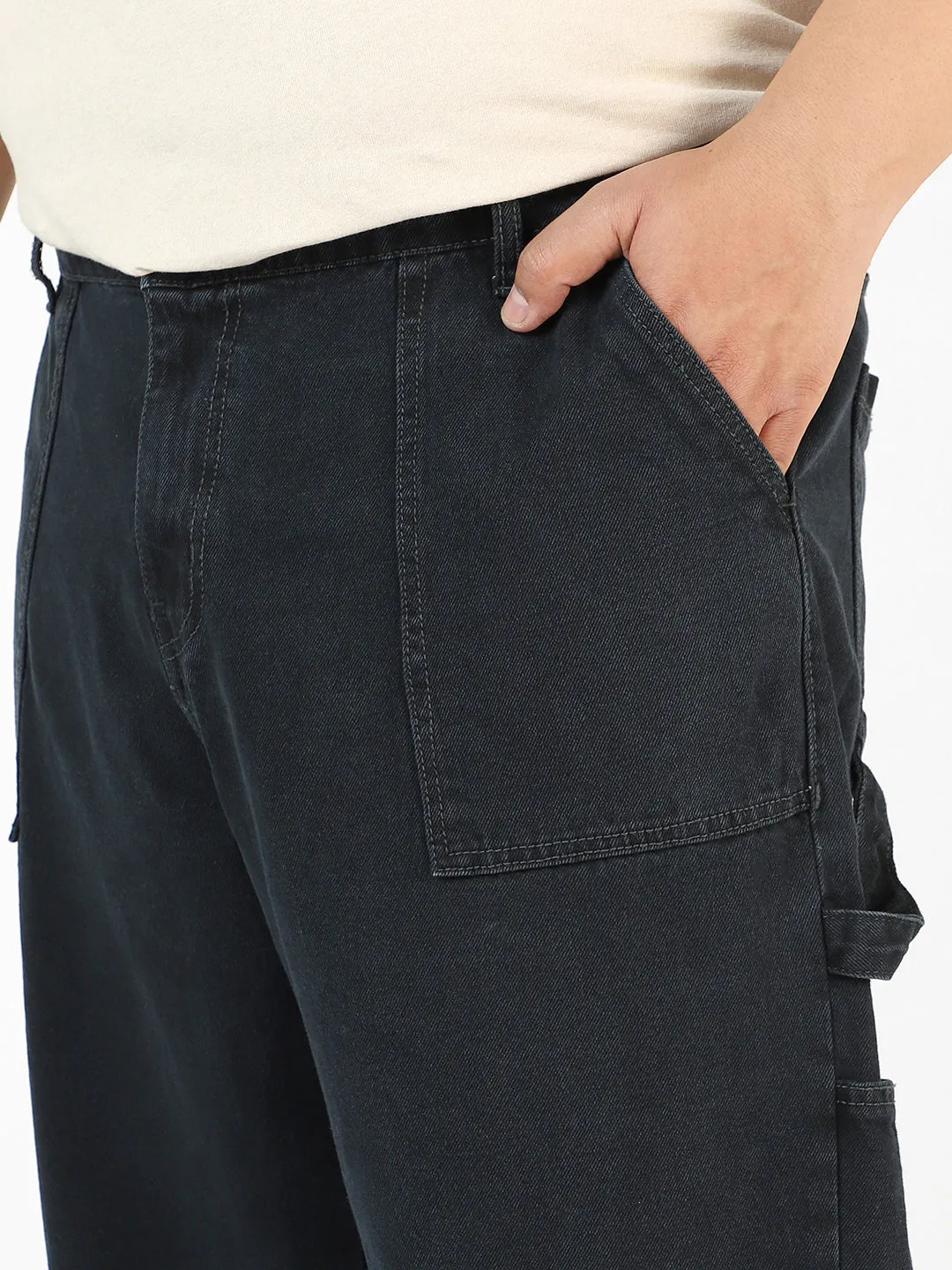 Plus Men's Dark Grey Loose Fit Cargo Carpenter Jeans With 6 Pockets Non-Stretchable