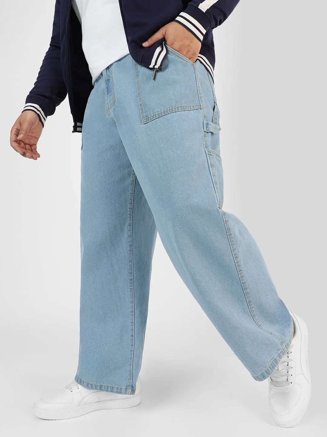 Plus Men's Ice Blue Loose Fit Cargo Carpenter Jeans With 6 Pockets Non-Stretchable