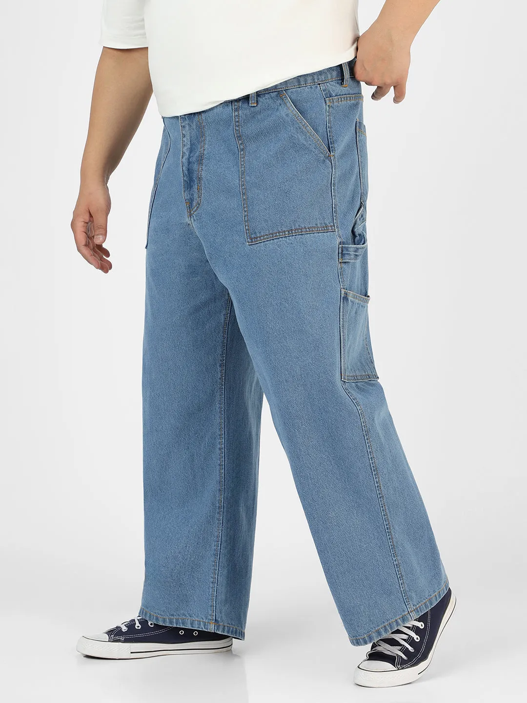 Plus Men's Light Blue Loose Fit Cargo Carpenter Jeans With 6 Pockets Non-Stretchable