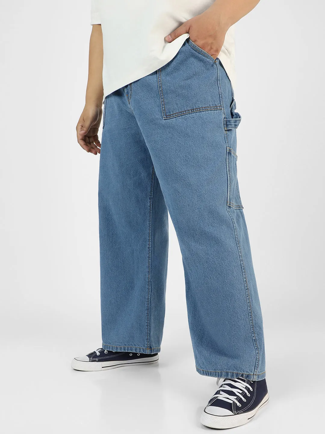 Plus Men's Light Blue Loose Fit Cargo Carpenter Jeans With 6 Pockets Non-Stretchable