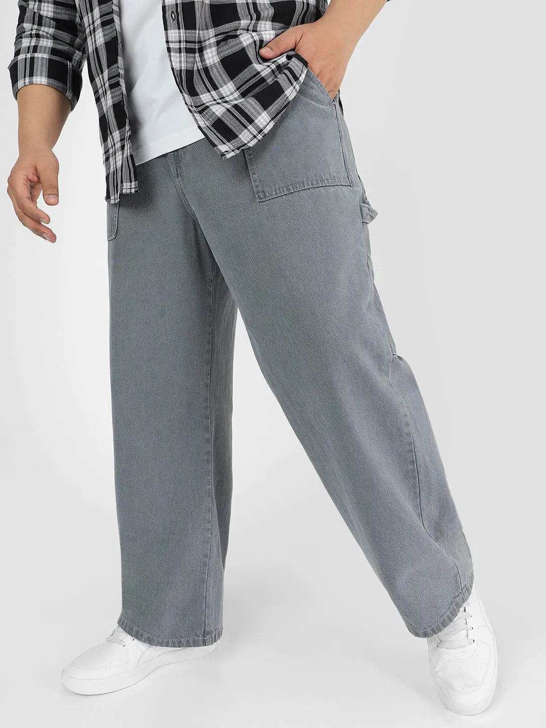 Plus Men's Light Grey Loose Fit Cargo Carpenter Jeans With 6 Pockets Non-Stretchable