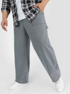 Plus Men's Light Grey Loose Fit Cargo Carpenter Jeans With 6 Pockets Non-Stretchable