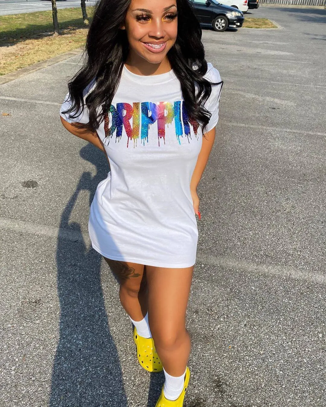 Rainbow Sparkle Drippin | White Tee (Checkered Drippin Sleeves)