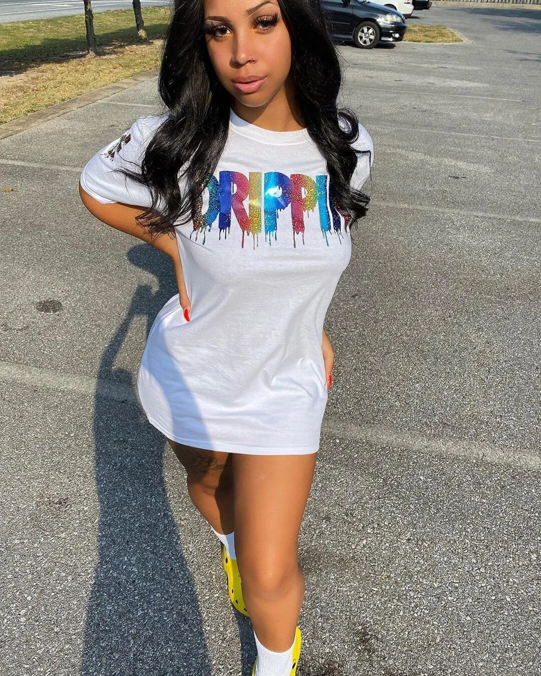 Rainbow Sparkle Drippin | White Tee (Checkered Drippin Sleeves)