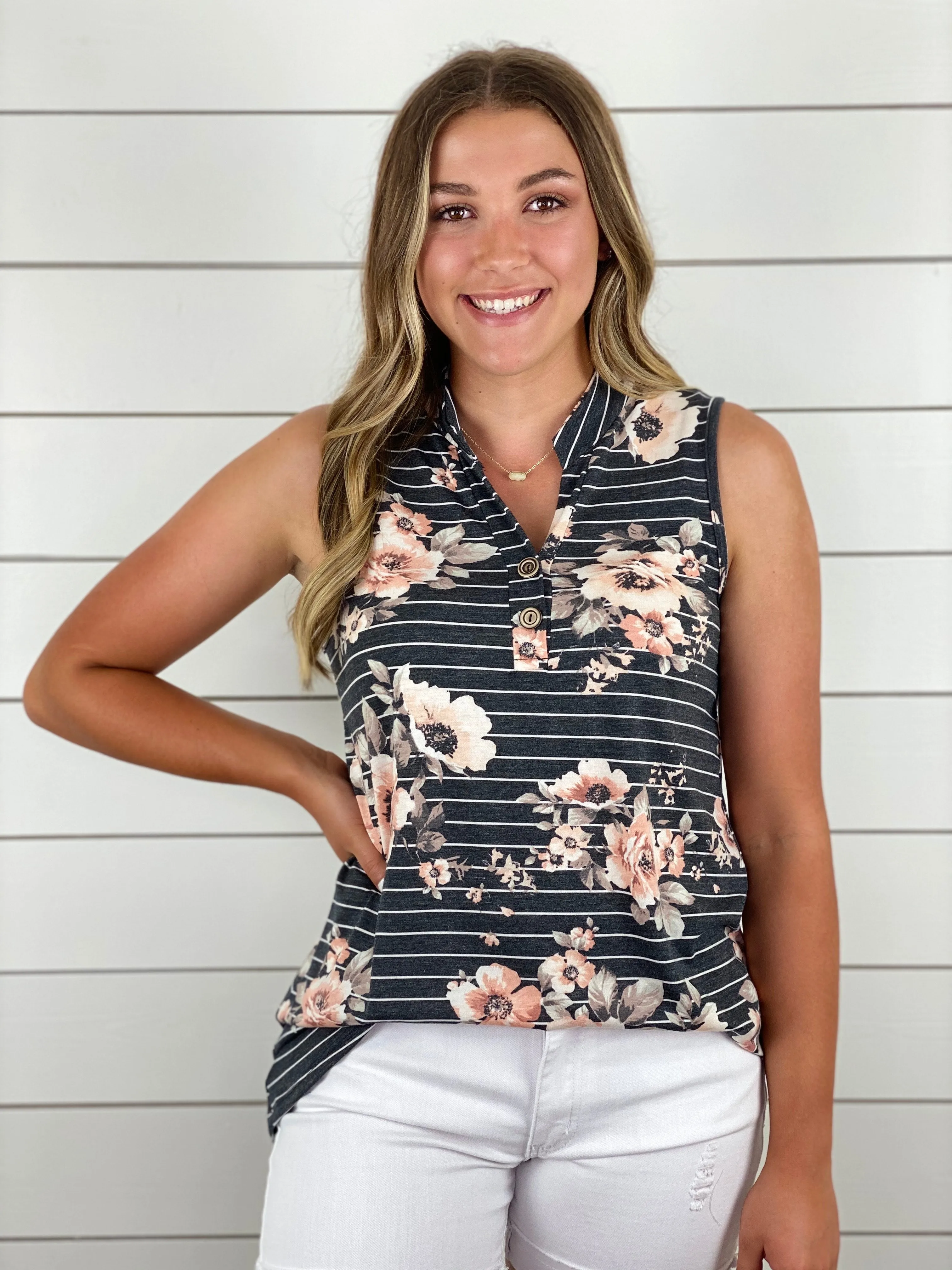 Ready for Summer Floral Striped Tank Top