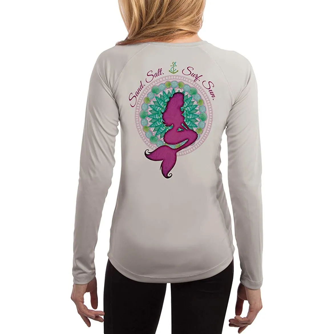 SAND.SALT.SURF.SUN. Mermaid Shells Women's UPF 50  UV Sun Protection Performance Long Sleeve T-Shirt
