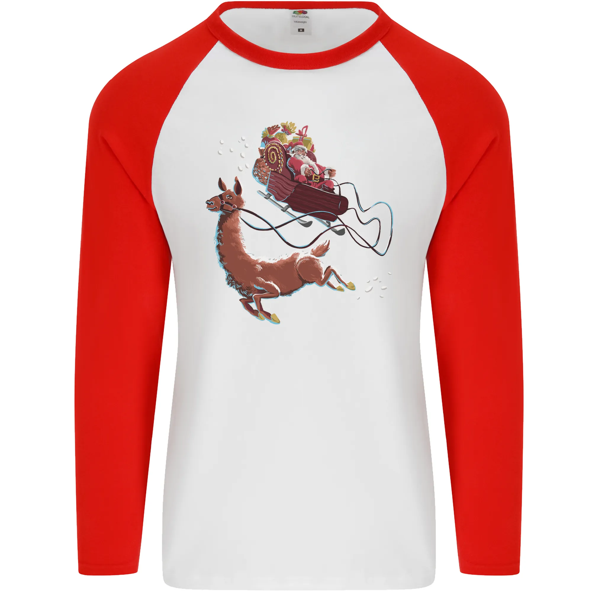 Santa & Llama Funny Christmas Sleigh Xmas Mens L/S Baseball T-Shirt