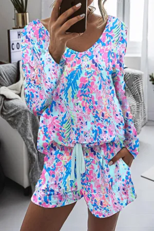 Sky Blue Floral Long Sleeve Top and Drawstring Shorts Set
