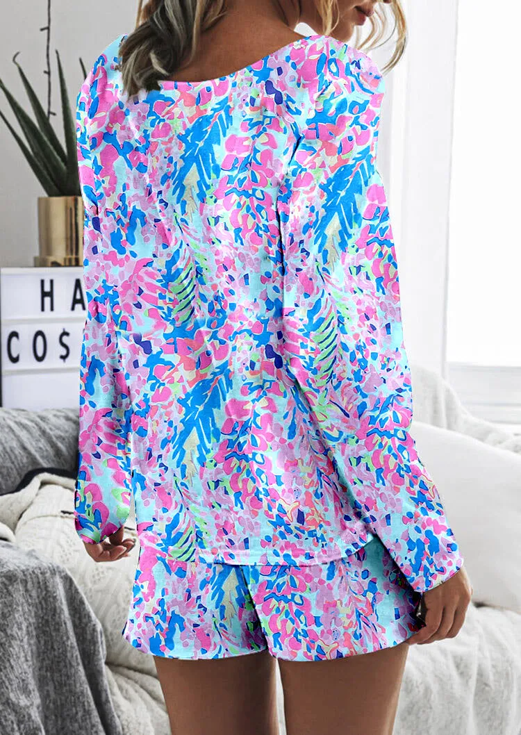 Sky Blue Floral Long Sleeve Top and Drawstring Shorts Set