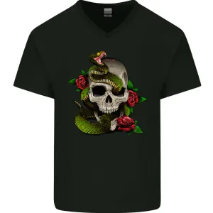 Snake Skull With Roses Tattoo Style Mens V-Neck Cotton T-Shirt