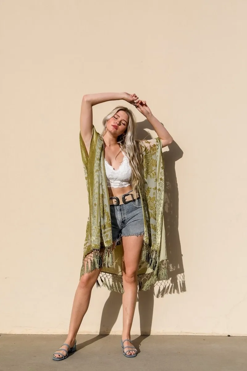 Soft Velvet Burnout Kimono with Tapestry Pattern and Tassel