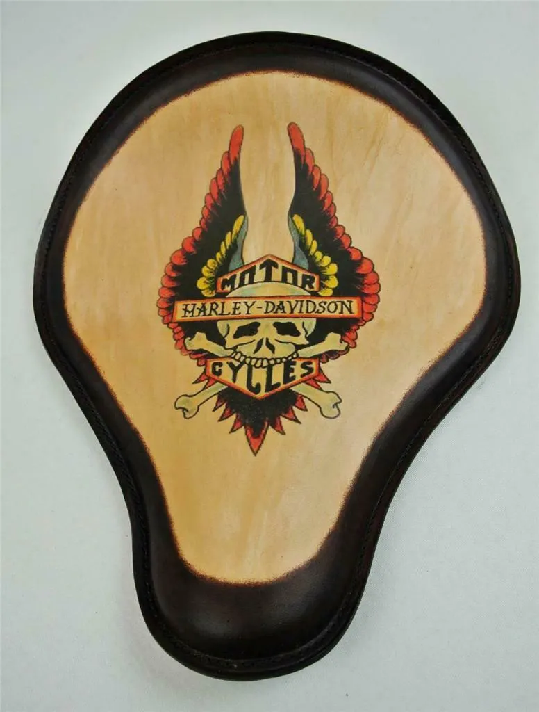 Spring Solo Seat Chopper Sportster Leather 12x13" Harley Wing Tattoo Brown Frame