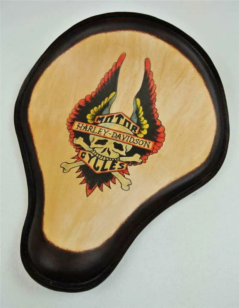 Spring Solo Seat Chopper Sportster Leather 12x13" Harley Wing Tattoo Brown Frame