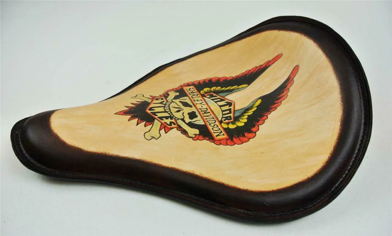 Spring Solo Seat Chopper Sportster Leather 12x13" Harley Wing Tattoo Brown Frame