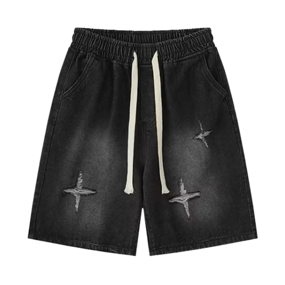 Star Patchwork Distressed Denim Shorts