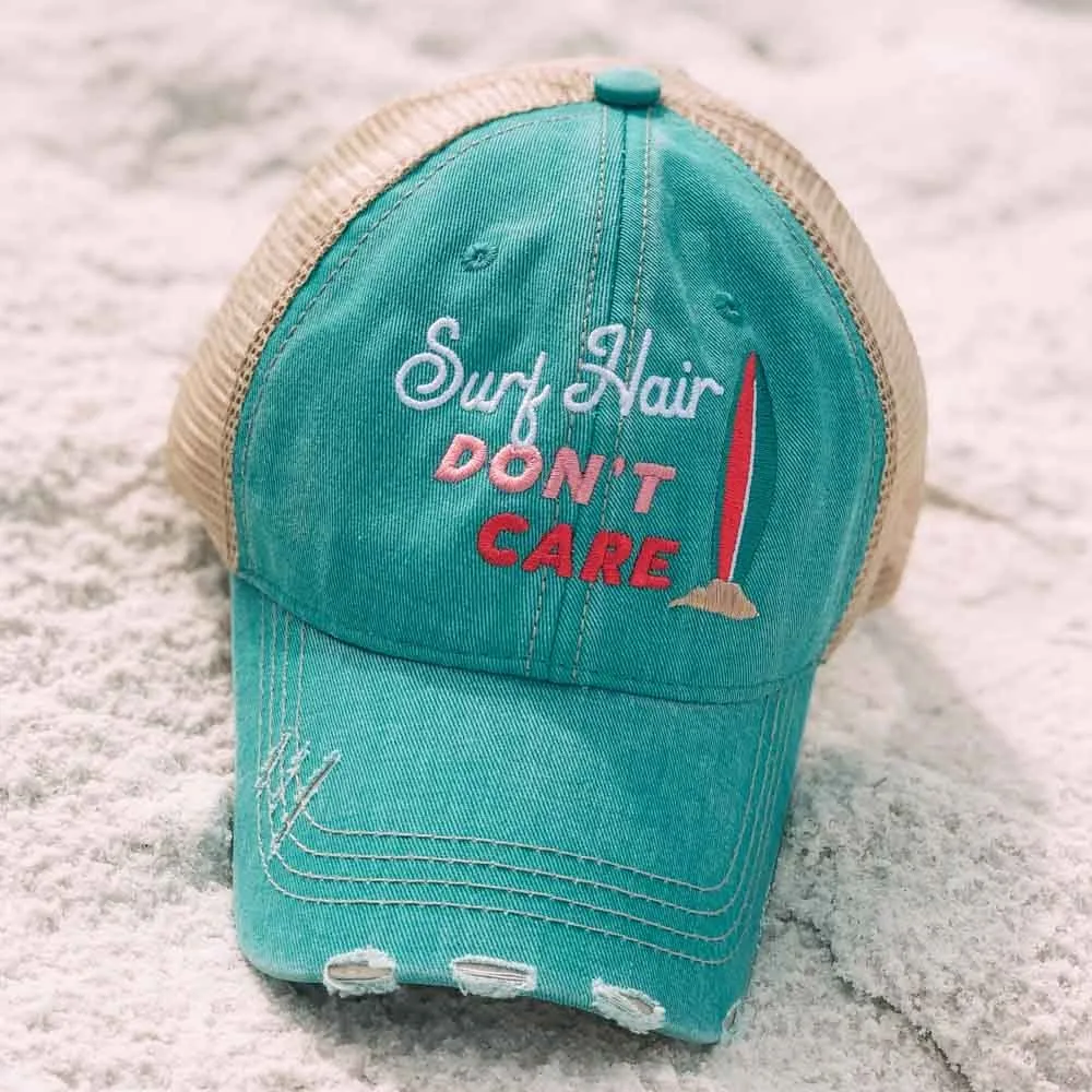 Surfing Hats Surf hair dont care Teal or black Embroidered distressed gray trucker cap  Surfboard Palm tree Beach