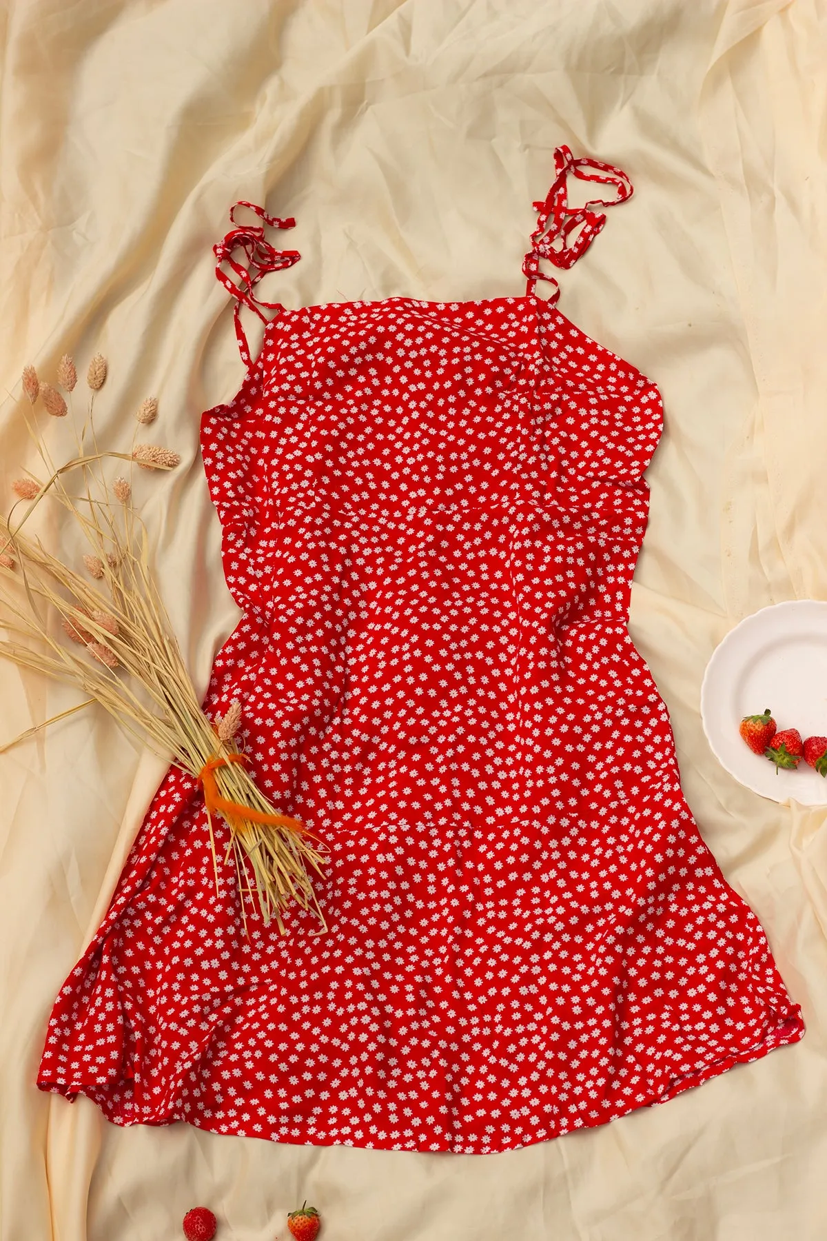 Tie Shoulder Micro Floral Print Day Dress