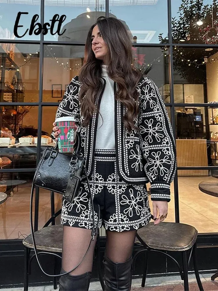 Two-Piece Embroidered Jacket and Shorts Set – Black and White Floral Pattern O-Neck Lantern Sleeve Coat High Waist Short Pants