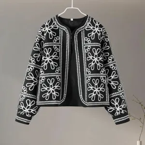 Two-Piece Embroidered Jacket and Shorts Set – Black and White Floral Pattern O-Neck Lantern Sleeve Coat High Waist Short Pants
