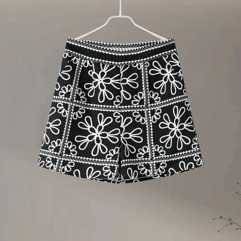 Two-Piece Embroidered Jacket and Shorts Set – Black and White Floral Pattern O-Neck Lantern Sleeve Coat High Waist Short Pants