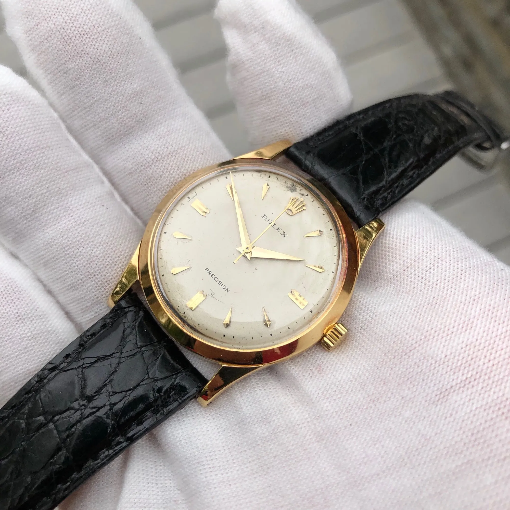 Vintage Rolex Precision 9006 18K Gold 34mm Manual Wind Caliber 1210 Wristwatch