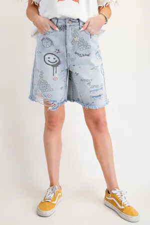Washed Denim Printed Easel Shorts 3/6/25 9682
