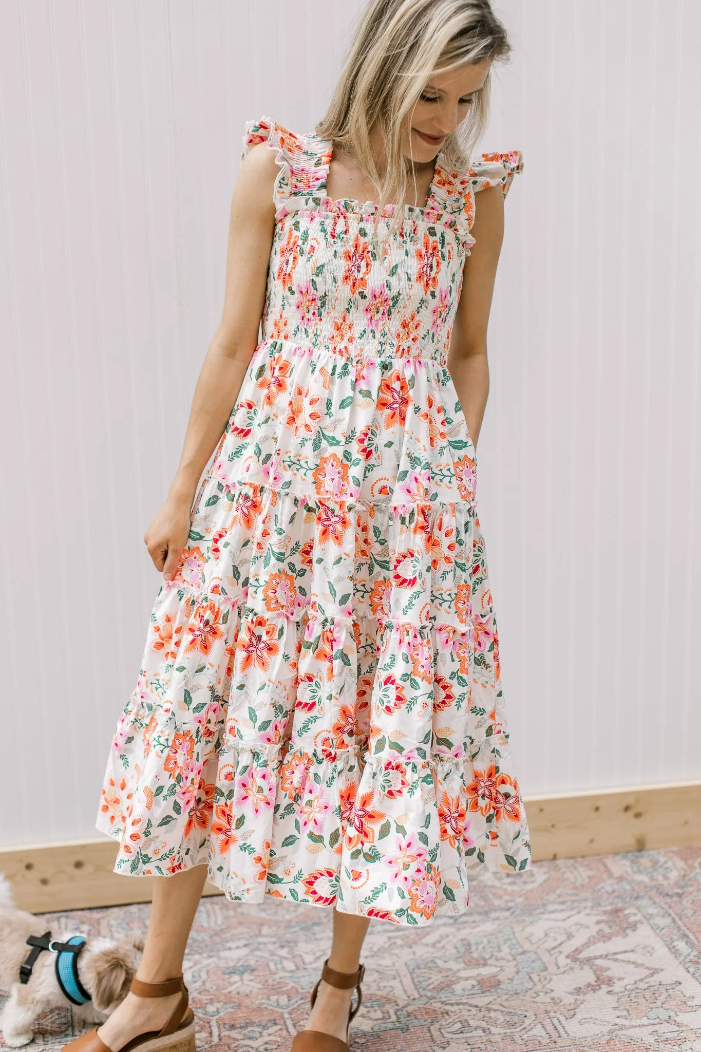 XZ Floral Ruffle Sleeve Midi Dress