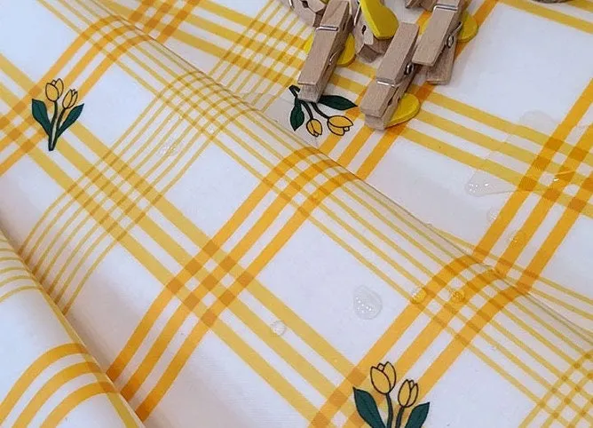 Yellow Checkered Flower Matte Laminated Cotton Waterproof Fabric - Quality Korean Fabric by the yard / 54438
