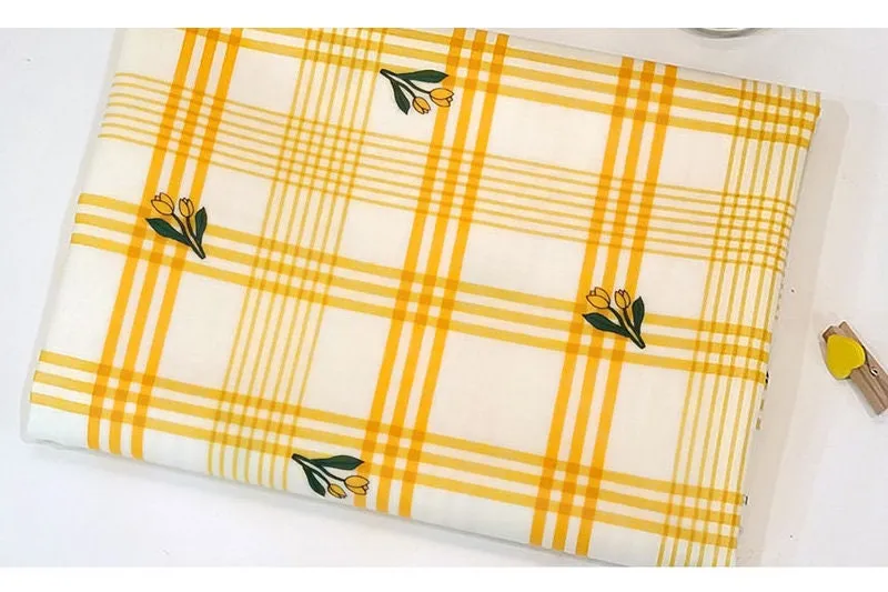 Yellow Checkered Flower Matte Laminated Cotton Waterproof Fabric - Quality Korean Fabric by the yard / 54438