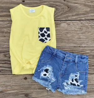 Yellow Cow Tank with Denim Cow Shorts
