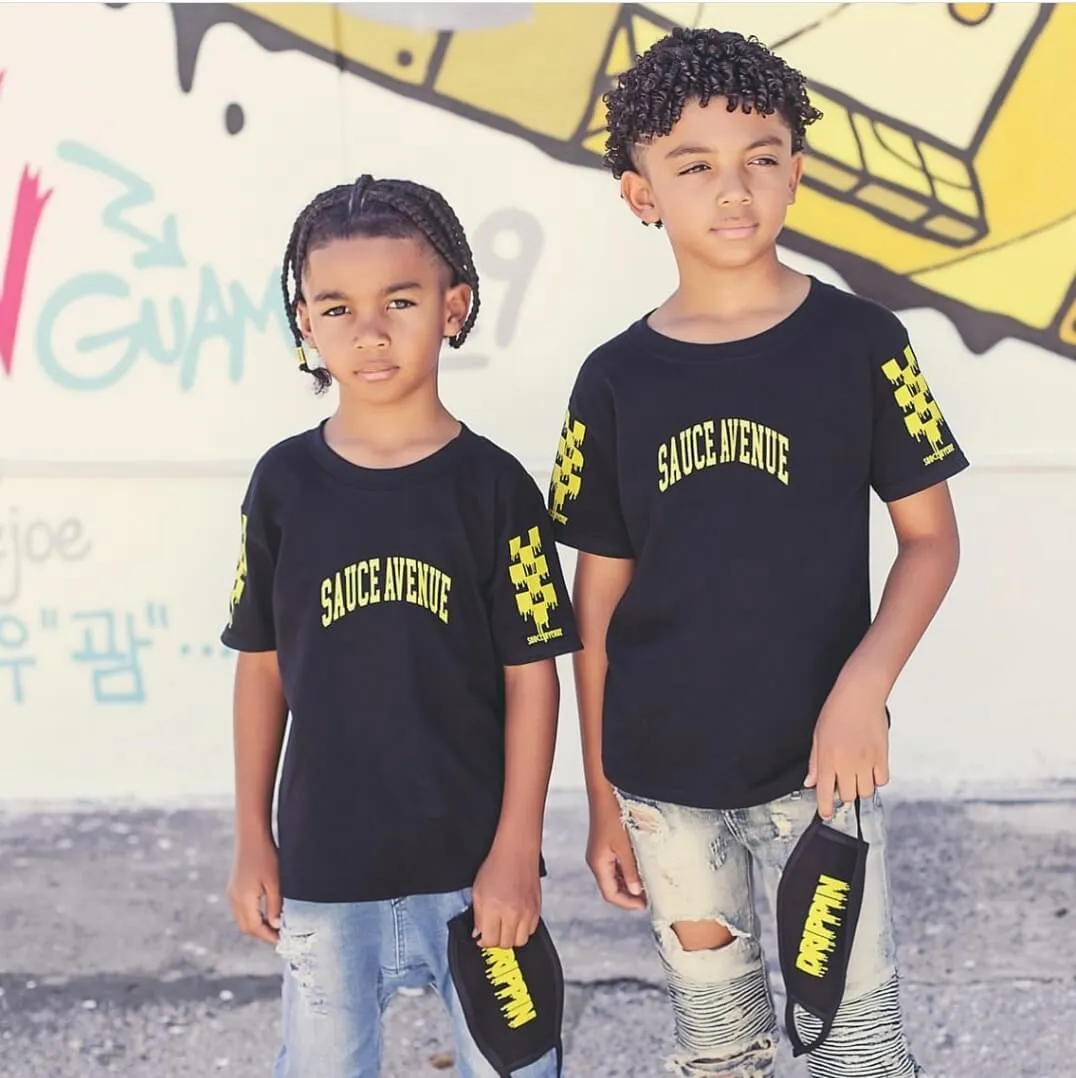 Yellow SA Curve | Black Tee (Solid Checkered Drippin Sleeve)