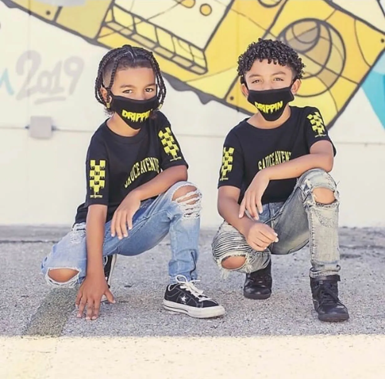Yellow SA Curve | Black Tee (Solid Checkered Drippin Sleeve)