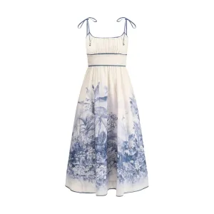 ZIMMERMANN Wylie Women Ivory Dress Linen Floral Print A-Line Long Sundress Sz 1